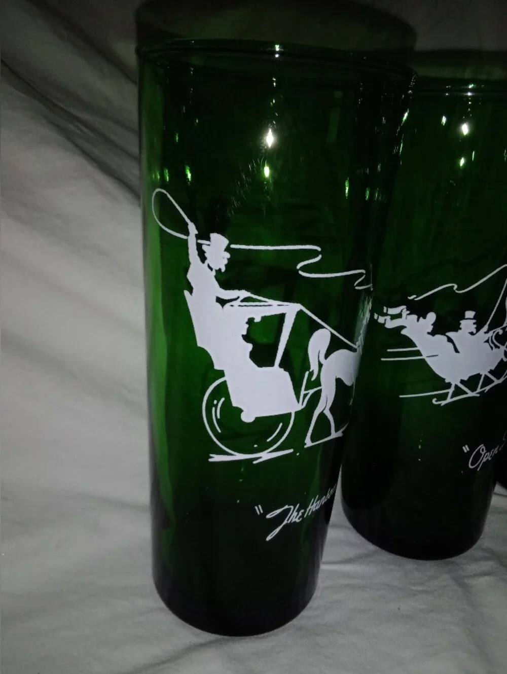 Mid Century MCM Tumbler Collins Drink Glasses Gay Nineties Transportation Design